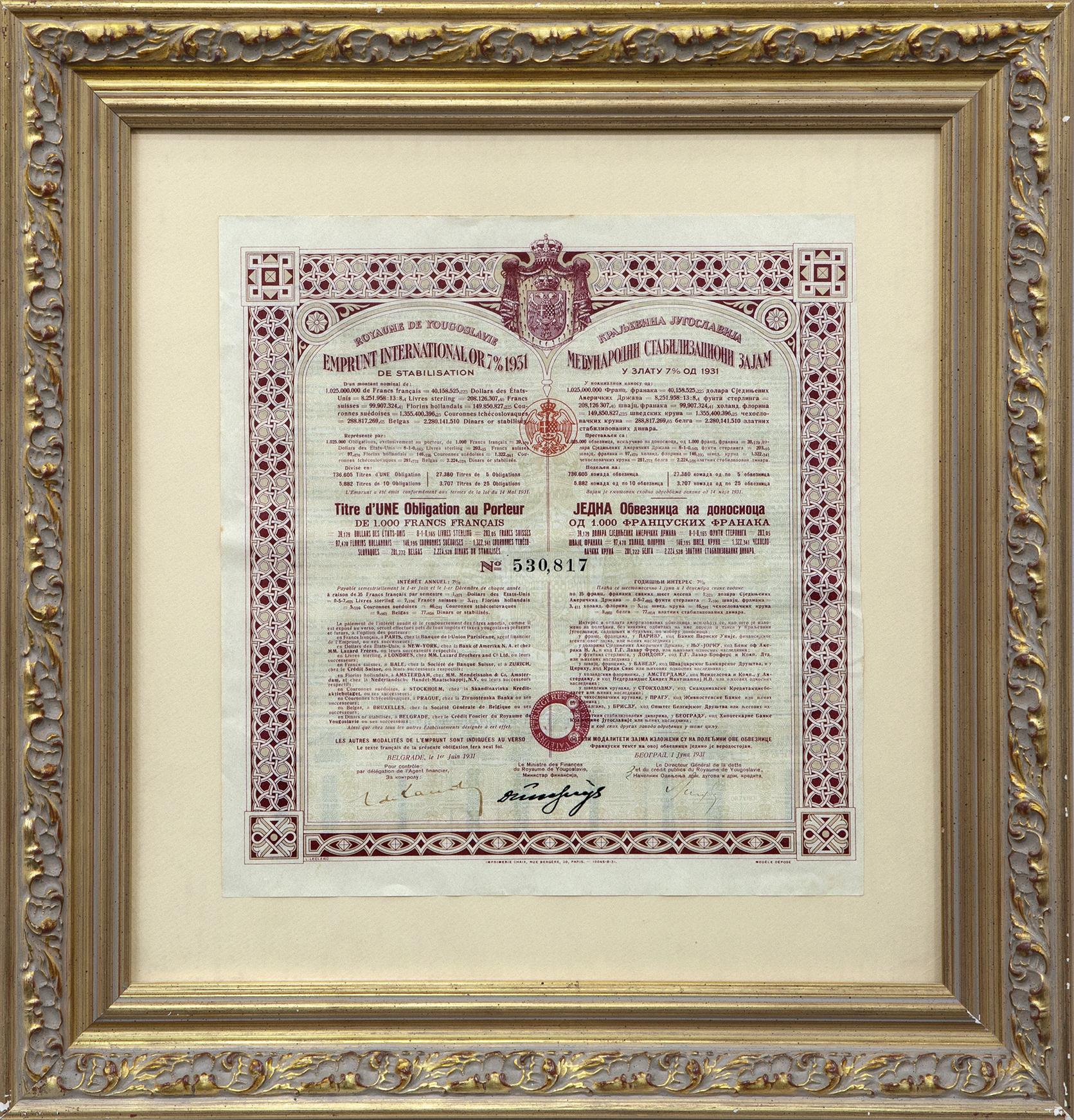 CERTIFICADO DE PAGO YUGOSLAVO, 1931