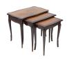 <span class='ref_item'>226 -</span> <span class="object_title">MESA TIPO NIDO</span>   <p><span class="technical_description">Conjunto de tres mesas de distintos tamaños, realizadas en madera de nogal y marquetería de caoba. Con aplicaciones de latón dorado en las patas y remates. <br/>Algunos desperfectos en superficies de mesa grande y mediana y falta en la madera.<br/>Medidas: 53 x 65 x 42cm (grande), 52 x 52 x 34cm (mediana), 48 x 40 x 27cm (pequeña)</span><br></p>