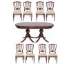 <span class='ref_item'>232 -</span> <span class="object_title">CONJUNTO DE MESA COMEDOR CON OCHO SILLAS</span>   <p><span class="technical_description">Mesa ovalada de comedor realizada en madera de caoba con tablas extensibles y decorada con diseño central. Acompañada por ocho sillas en madera de caoba, tapizadas con textil floral. Respaldo torneado y trabajado, igualmente las patas. <br/>Con pequeña falta en una de las patas de la mesa y en el remate de metal dorado de una de ellas. <br/>Medidas mesa (cerrada): 75 x 165 x 85cm<br/>Medidas silla: 95 x 45 x 40cm</span><br></p>