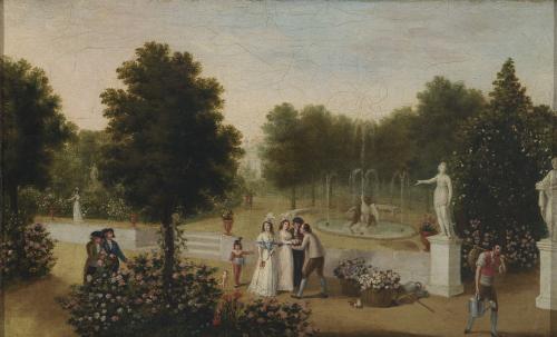 Escena de vendimia y escena de jardín